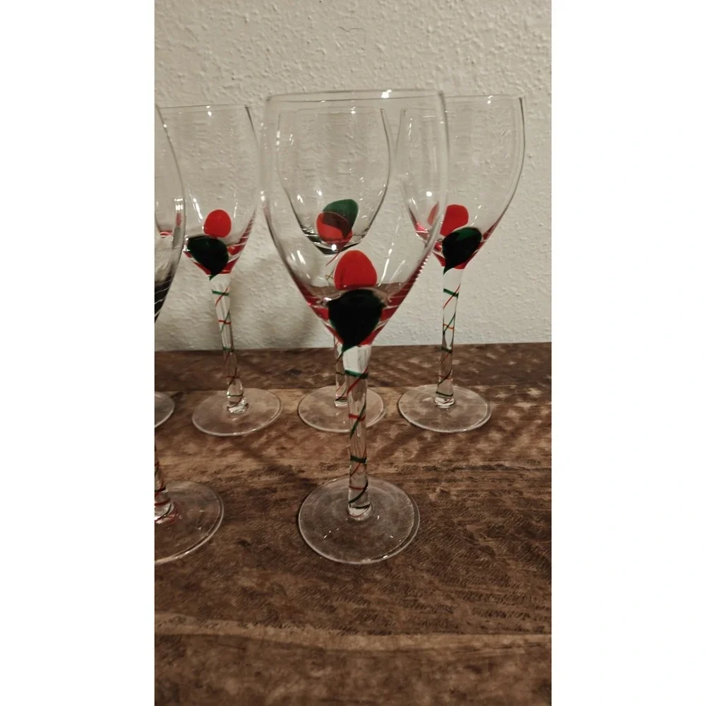 Pier 1‎ OPTIC RIBBON  Hand Blown Glass Wine Goblets Set Of 6 Christmas Red Green